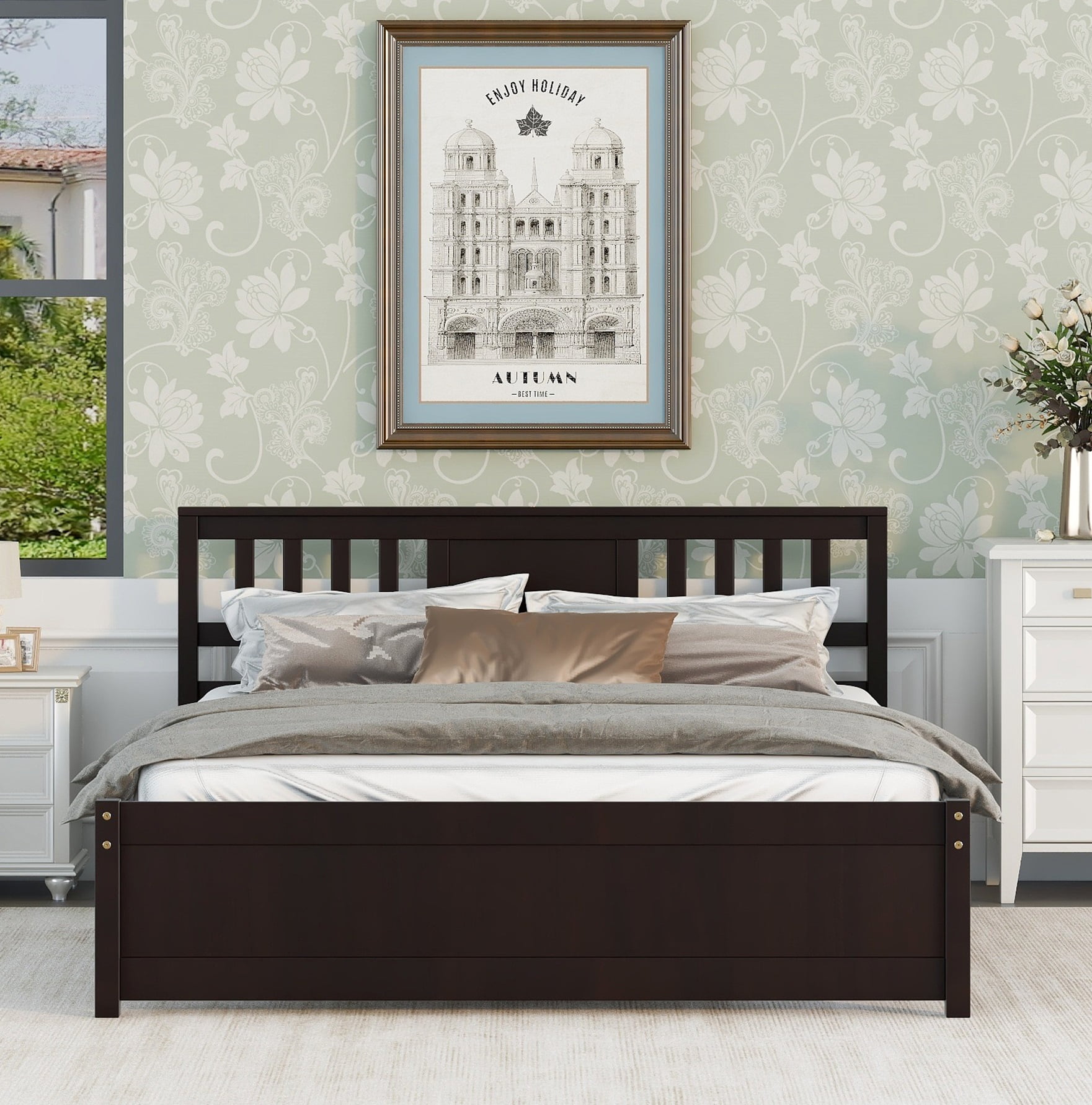 SYNGAR Queen Size Bed Frame with Headboard, Platform Bed Frame Solid