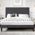 thumbnail image 1 of SYNGAR Queen Size Fabric Vertical Stripe Upholstered Platform Bed Frame with Headboard for Bedroom, No Box Spring Needed, Easy Assembly, Dark Gray, 1 of 12