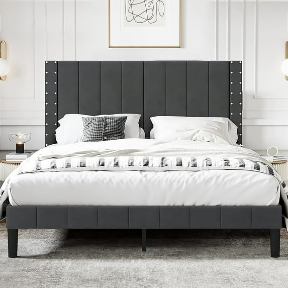 SYNGAR Queen Size Fabric Vertical Stripe Upholstered Platform Bed Frame with Headboard for Bedroom, No Box Spring Needed, Easy Assembly, Dark Gray