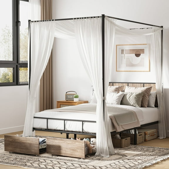 HSUNNS Full Bed Frame, Full Size Canopy Bed Frame with 2 Storage Drawers, Wooden Headboard and Footboard, Metal Platform Bed with Under-Bed Storage, No Box Spring Needed, Black+Brown