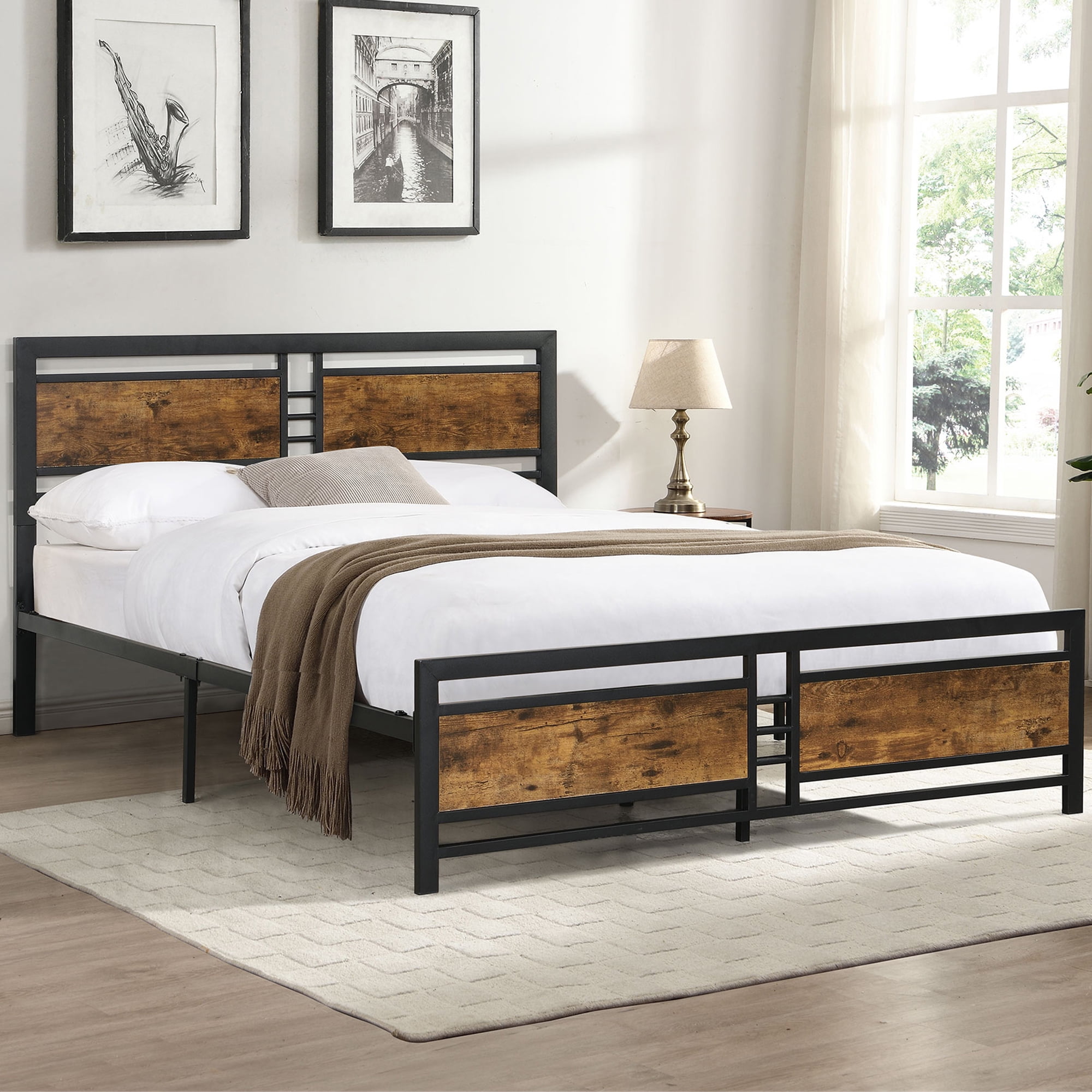 SYNGAR Rustic Brown Iron Platform Bed Frame Full Size with Vintage Headboard and Footboard Industrial Metal Full Bed Frame with Strong Slat Support