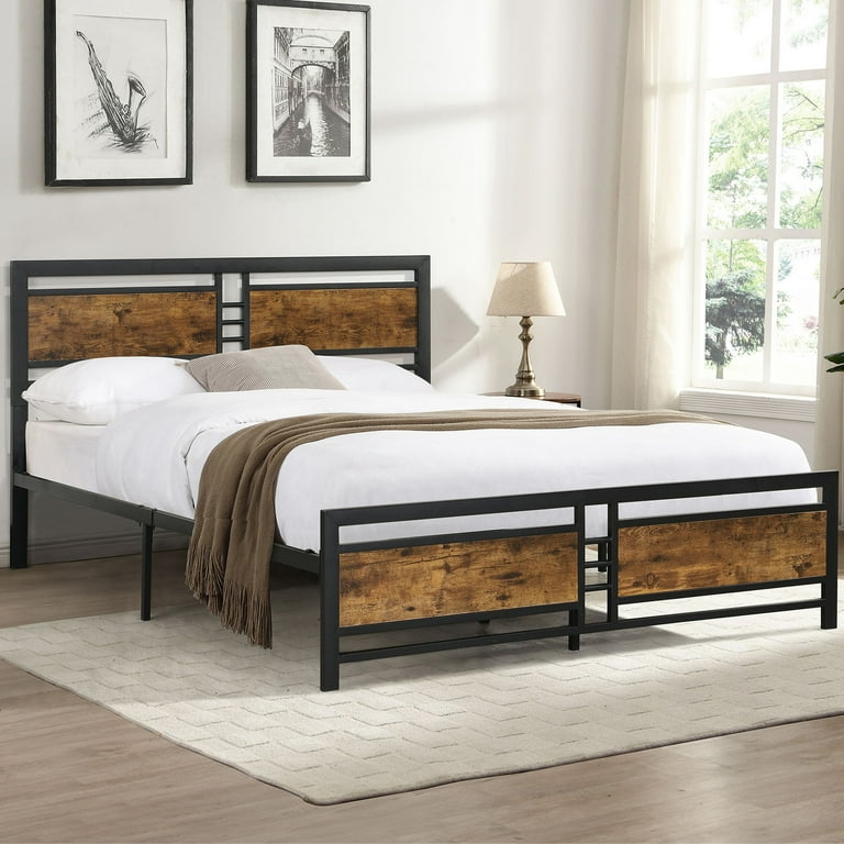 SYNGAR Rustic Brown Iron Platform Bed Frame Full Size with Vintage