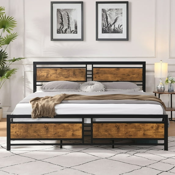 SYNGAR Rustic Brown Iron Platform Bed Frame King Size with Vintage Headboard and Footboard, Industrial Metal King Bed Frame with Strong Slat Support