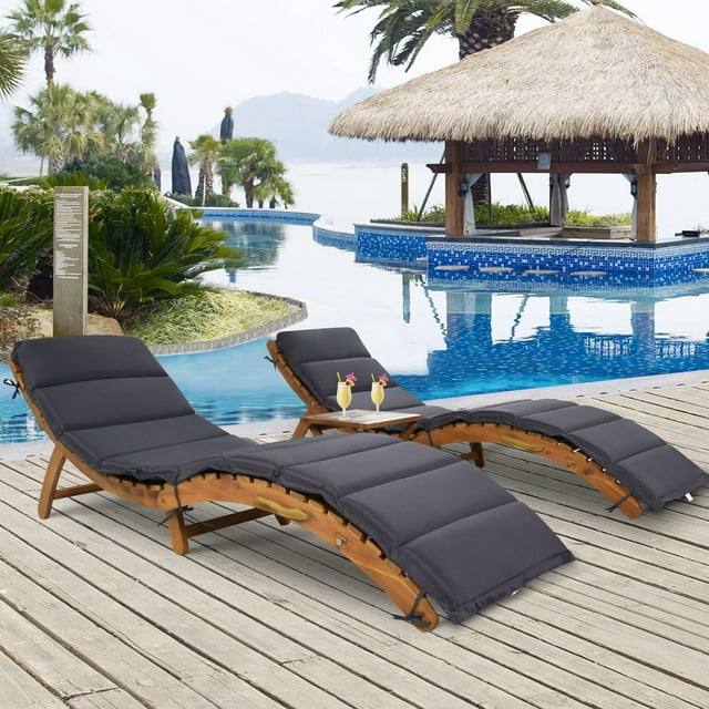 SYNGAR Set of 3 Chaise Lounge Chairs with Side Table, Outdoor Reclining Chairs Set with Foldable Table and Removable Cushions, Chaise Lounge Furniture Set for Poolside Beach Garden Patio, Gray