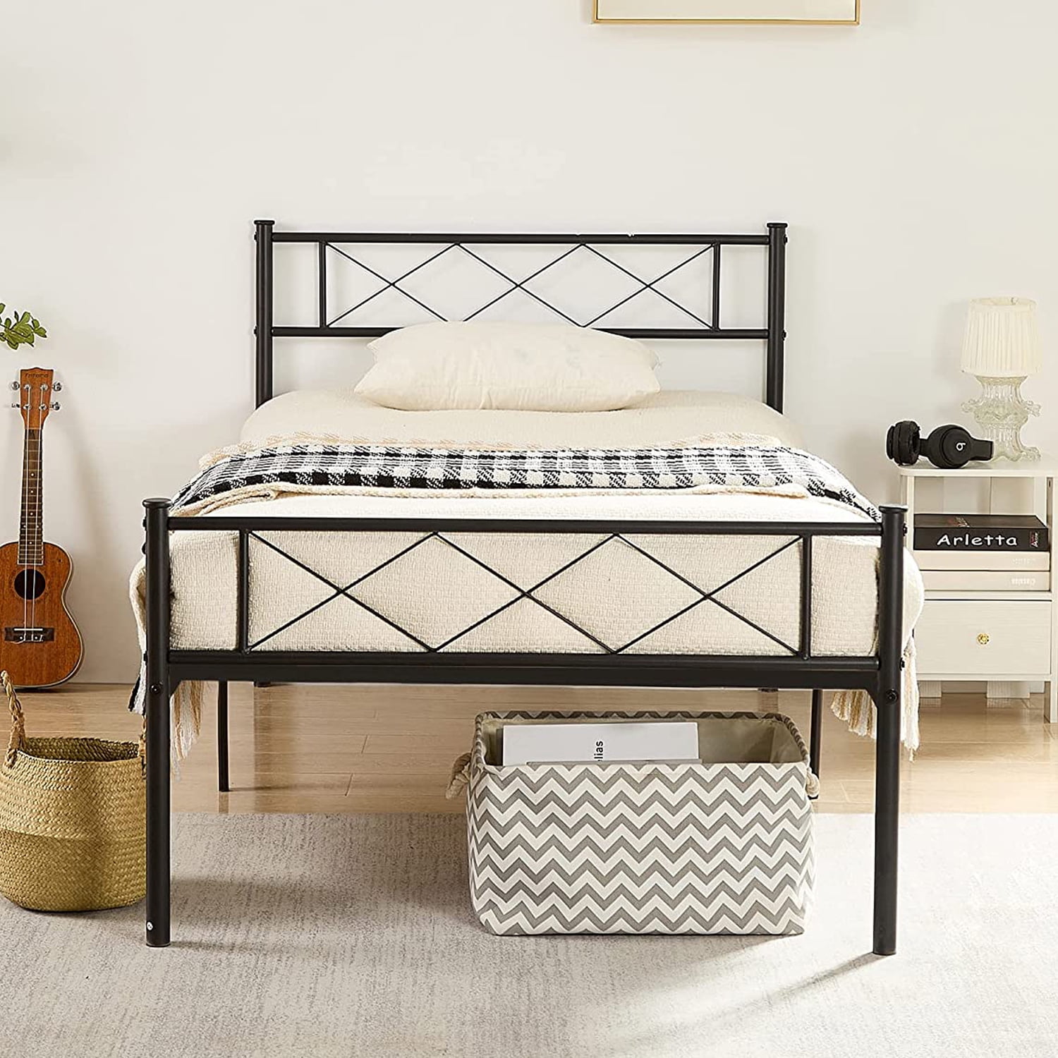 SYNGAR Twin Size Bed Frame with Vintage Headboard, Sturdy Steel, 220LBS ...