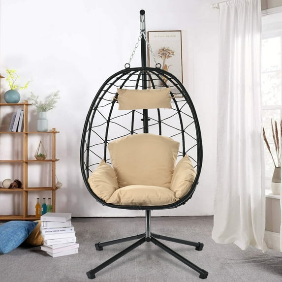 SYNGAR Swing Egg Chair, Wicker Hanging Chair with Stand and Cushion, Heavy Duty Frame, for Indoor/Outdoor, Patio, Poolside, Balcony, Bedroom, 300 lbs Capacity, Beige, D6508