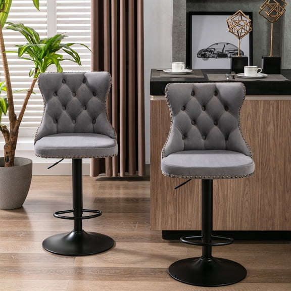 SYNGAR Swivel Bar Stools, Counter Height Adjustable Bar Chairs with Footrest, Set of 2, Upholstered Velvet Tufted Pub Chairs with Back, Modern Home Kitchen Dining Chairs, Gray, D8354