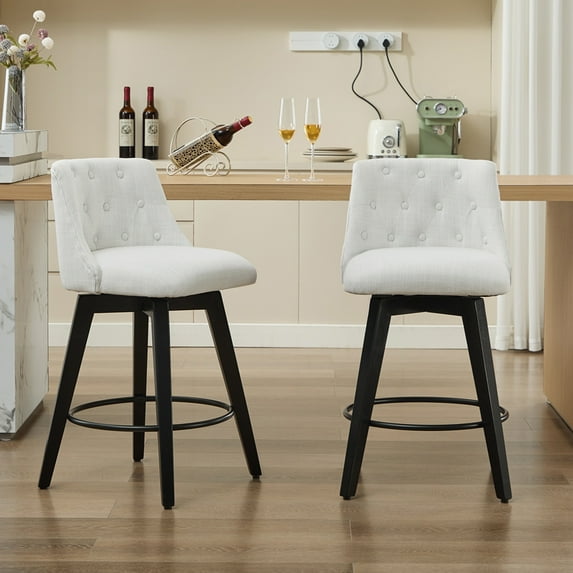 SYNGAR Swivel Bar Stools Set of 2, 25" Modern Counter Height Bar Stools with Button-Tufted Backrest, Linen Fabric Upholstered Kitchen Island with Footrest, White