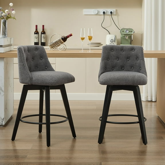 SYNGAR Swivel Bar Stools Set of 2, 25" Modern Counter Height Bar Stools with Button-Tufted Backrest, Linen Fabric Upholstered Kitchen Island with Footrest, Dark Grey