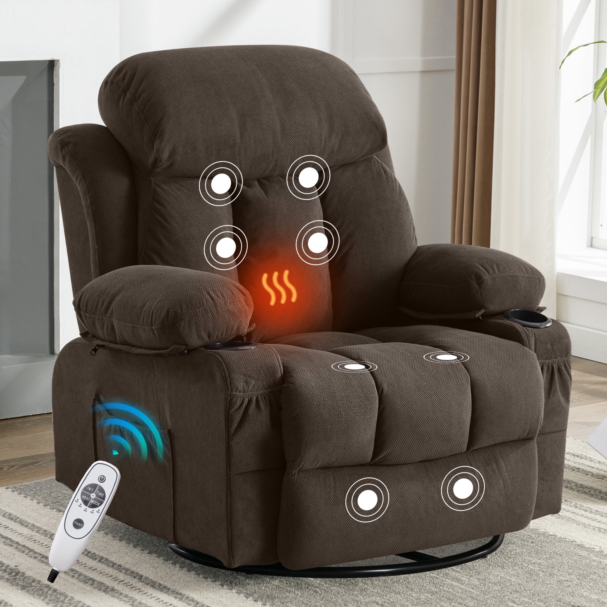 HSUNNS Swivel Recliner Chair for Adults, Living Room Velvet Recliner Chair with Massage and Heat, Single Sofa with USB Port, Cup Holder, Side and Front Pocket, Brown