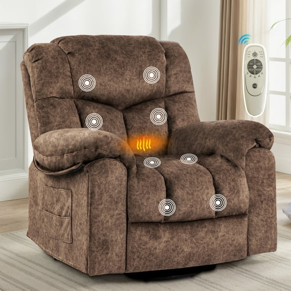 HSUNNS Swivel Rocker Recliner Chair with Heat and Massage Function, 360 Degree Reclining Chair with Hidden Cup Holder and Side Pockets, Living Room Single Sofa Lounge Chair, Brown