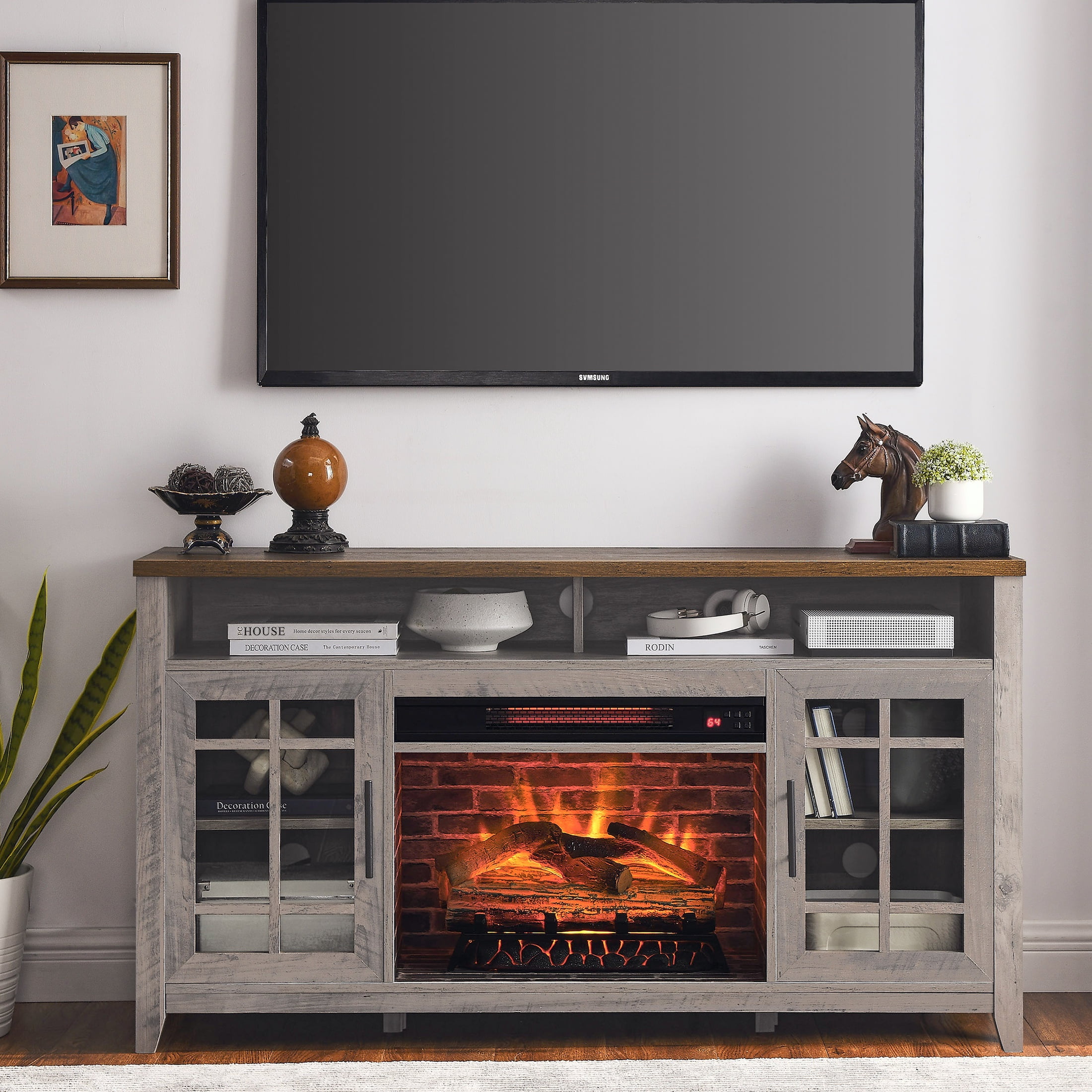 SYNGAR TV Stand with Fireplace for 55" TV, Modern Wooden Electric ...