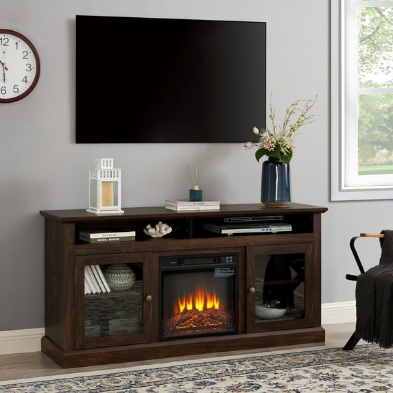 SYNGAR TV Stand with Fireplace, Modern TV Cabinet for TVs up to 65 inch, Electric Fireplace TV Stand with Storage, Entertainment Center Console Table, for Living Room Bedroom, Brown, D7510