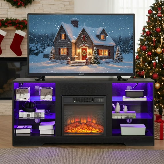 SYNGAR Fireplace TV Stand with Led and Power Outlets, Black Entertainment Center with 18" Electric Fireplace for 45/50/55/60/65 inch TVs, Modern TV Console with Storage Cabinet for Living Room