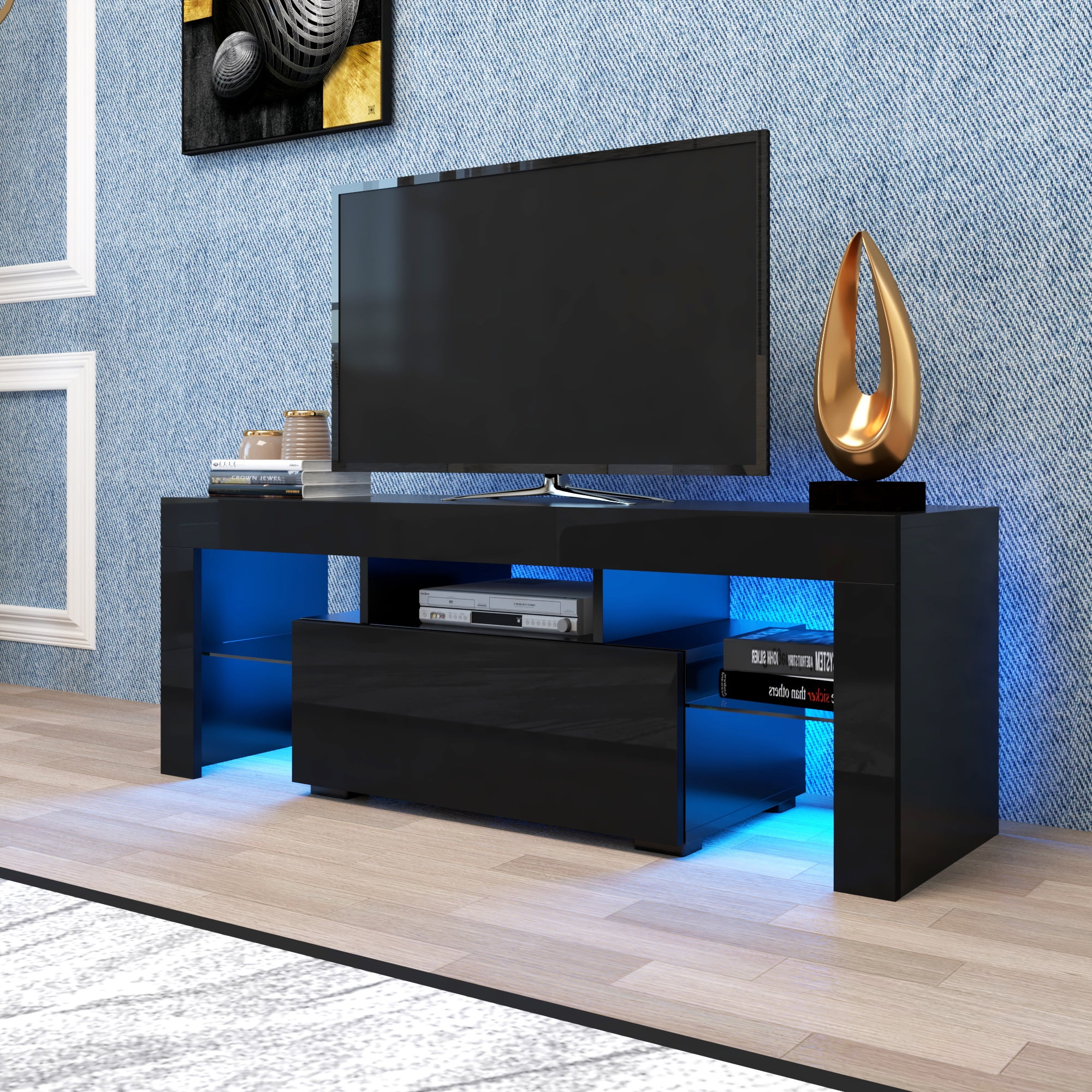SYNGAR TV Stands for Living Room with LED Light up to 55" TV, Modern Entertainment Center with Storage Drawers and Glass Storage Shelves, Media Console, TV Stand Cabinet, Black