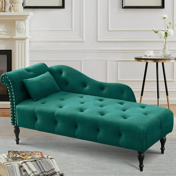 SYNGAR Tufted Upholstered Velvet Rolled Arm Chaise Lounges Indoor Chair, Right Arm Facing Chaise Lounge with Pillow, Nailhead Trim and Solid Wood Legs for Living Room Bedroom Office, Green
