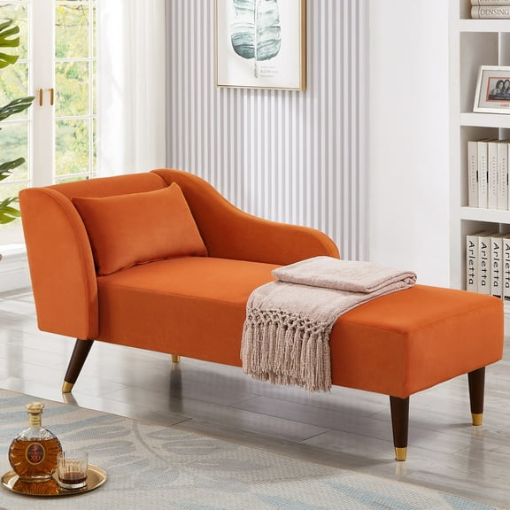 SYNGAR Velvet Chaise Lounge with Rolled Arm, Modern Chaise Lounge Indoor with Pillow and Solid Wood Legs, Chaise Lounge Chair for Living Room Bedroom Family Room Kids & Teen Room, Orange
