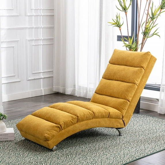 SYNGAR Chaise Lounge Chair Indoor, Modern Linen Chaise Lounges with Massage and Ergonomically 140° Backrest, Side Pocket, Leisure Sofa Upholstered Couch for Living Room Bedroom, Mustard