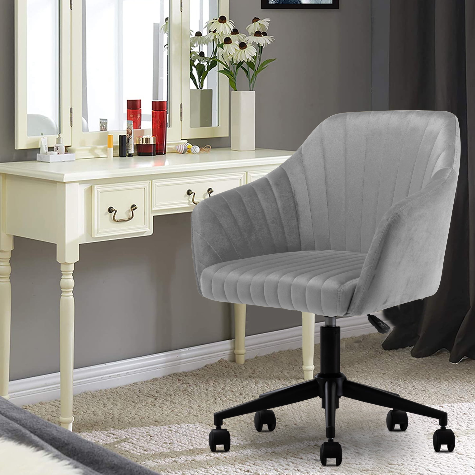 SYNGAR Tufted Vanity Chair with Wheels, 360° Swivel Upholstered