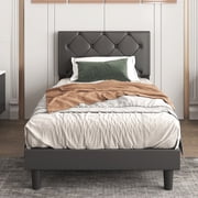 SYNGAR Twin Bed Frame with Adjustable Height Headboard, Modern Leather Upholstered Platform Bed Frame with Wood Slat, Easy Assembly, No Box Spring Needed, Black