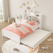 HSUNNS Twin Bed Frame with Trundle and Storage Bookcase, Modern Platform Bed Frame with Pull Out Trundle for Girls, Solid Wood Trundle Bed with Headboard and Footboard, No Box Spring Needed, White