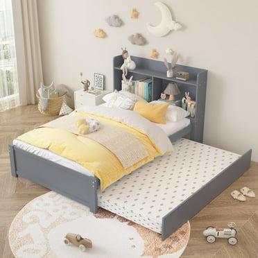 SYNGAR Twin Bed Frame with Trundle and Storage Bookcase, Modern Platform Bed Frame with Pull Out Trundle, Solid Wood Trundle Bed with Headboard Footboard, No Box Spring Needed, Gray
