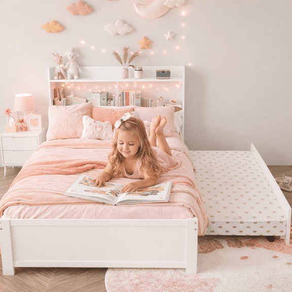 HSUNNS Twin Bed Frame with Trundle and Storage Bookcase, Modern Platform Twin Bed Frame for Girls and Boys, Solid Wood Trundle Bed with Headboard and Footboard, No Box Spring Needed, White