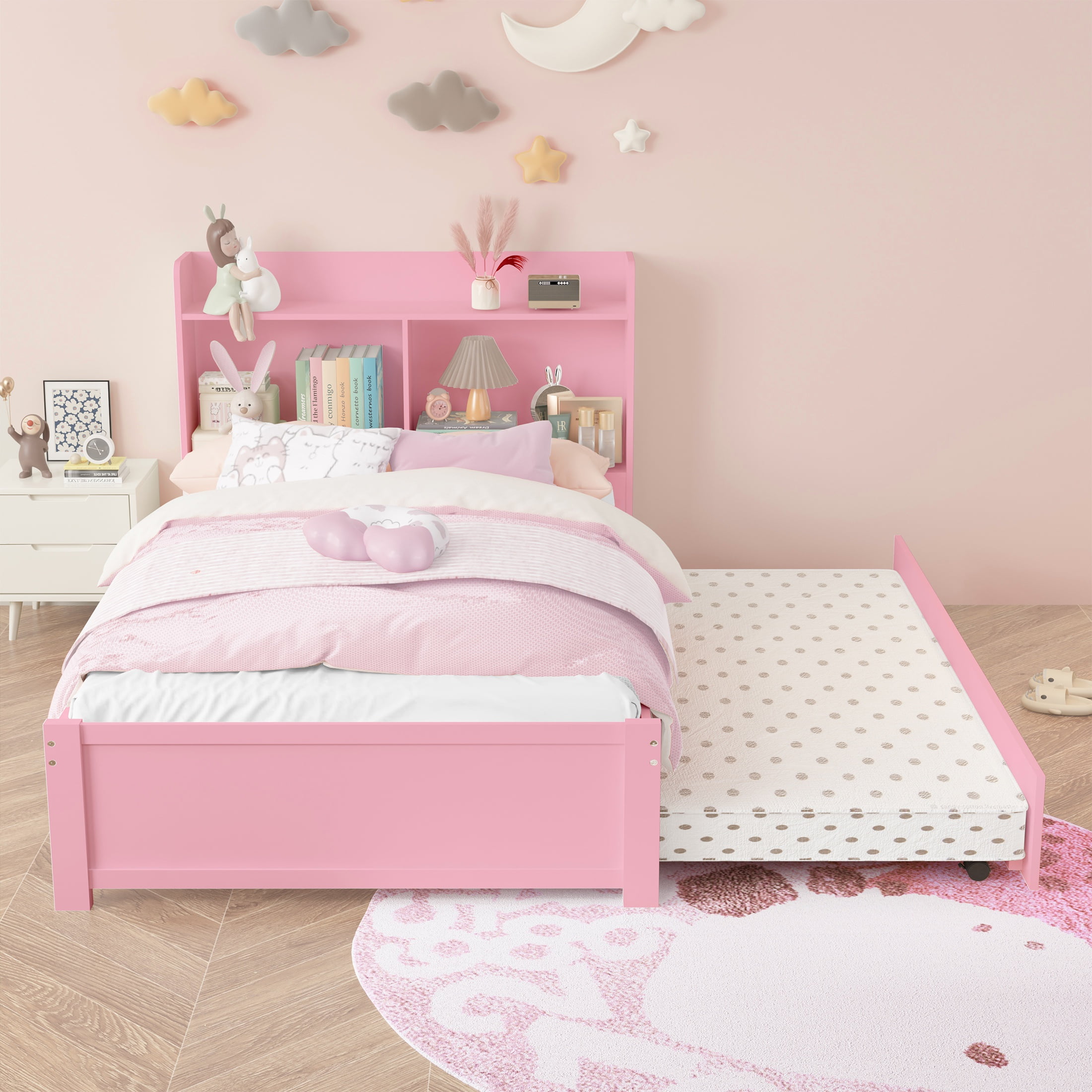 HSUNNS Twin Bed Frame with Trundle and Storage Bookcase, Modern Platform Twin Bed Frame for Girls and Boys, Solid Wood Trundle Bed with Headboard and Footboard, No Box Spring Needed, Pink