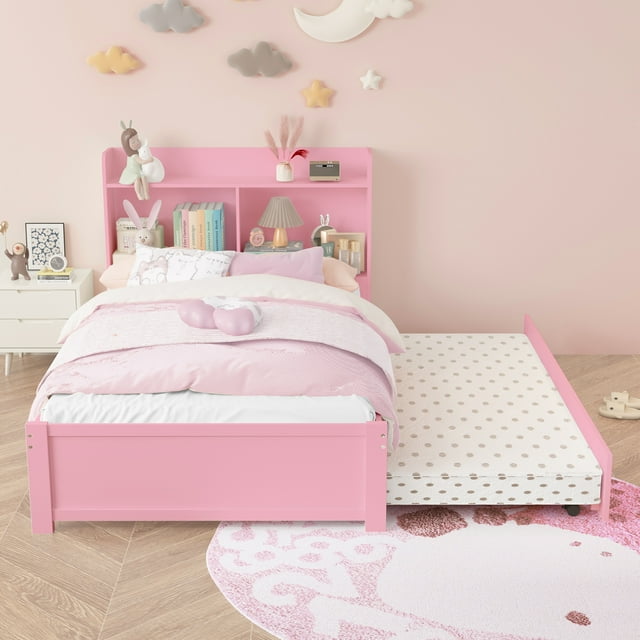 HSUNNS Twin Bed Frame with Trundle and Storage Bookcase, Modern Platform Twin Bed Frame for Girls and Boys, Solid Wood Trundle Bed with Headboard and Footboard, No Box Spring Needed, Pink