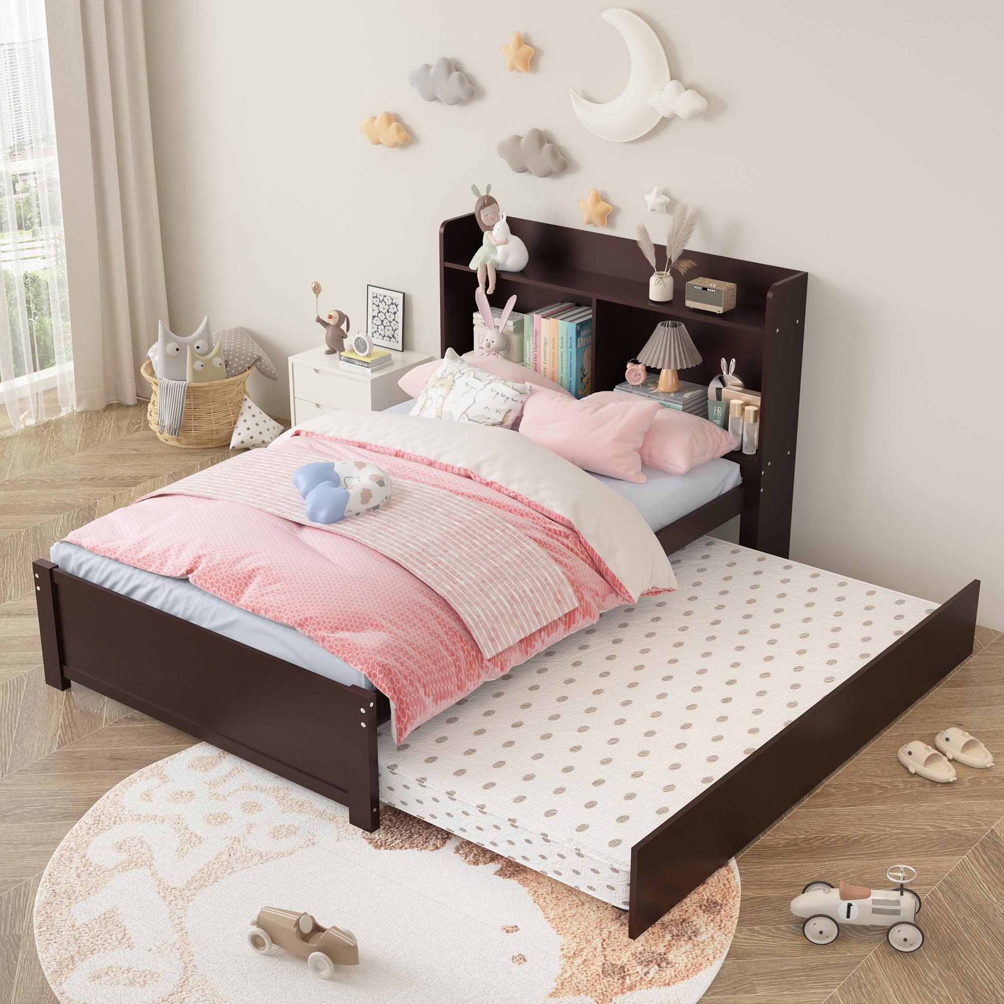 SYNGAR White Full Bed Frame with Trundle and Storage Bookcase, Kids