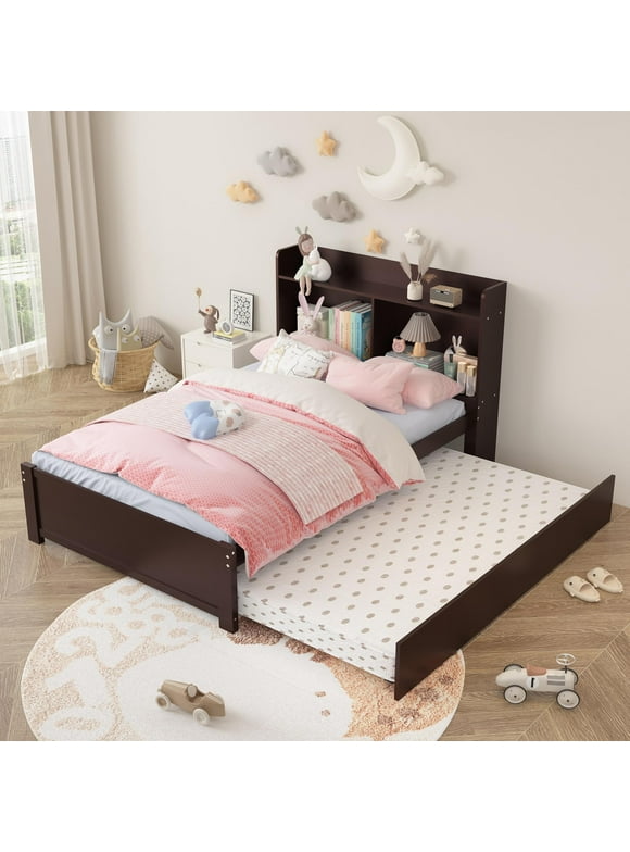 SYNGAR Twin Bed Frame with Trundle and Storage Bookcase, Modern Kids Platform Bed Frame with Pull Out Trundle, Solid Wood Trundle Bed with Headboard and Footboard, No Box Spring Needed, Espresso