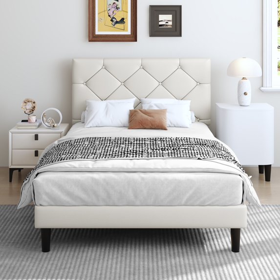 SYNGAR Twin Bed Frame with Upholstered Faux Leather Adjustable Headboard, Platform Bed Frame with Wood Slats Support, Noise-Free, Easy Assembly, No Box Spring Needed, Modern White Bed Frame