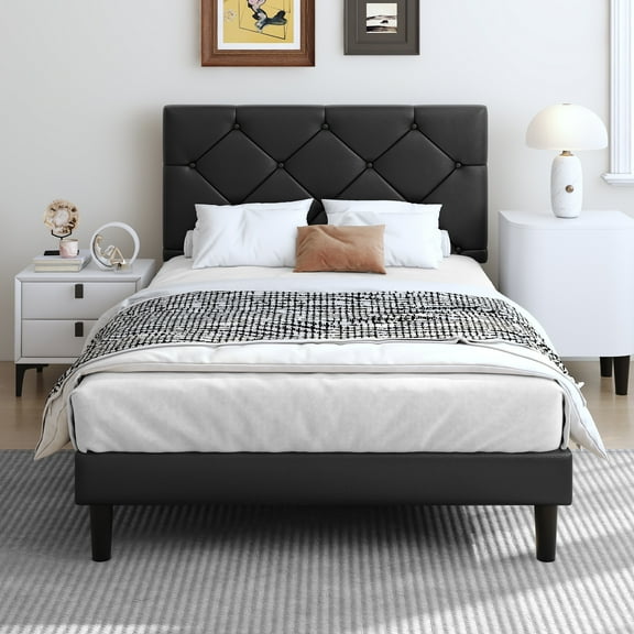 SYNGAR Twin Bed Frame with Upholstered Faux Leather Adjustable Headboard, Platform Bed Frame with Wood Slats Support, Noise-Free, Easy Assembly, No Box Spring Needed, Modern Black Bed Frame