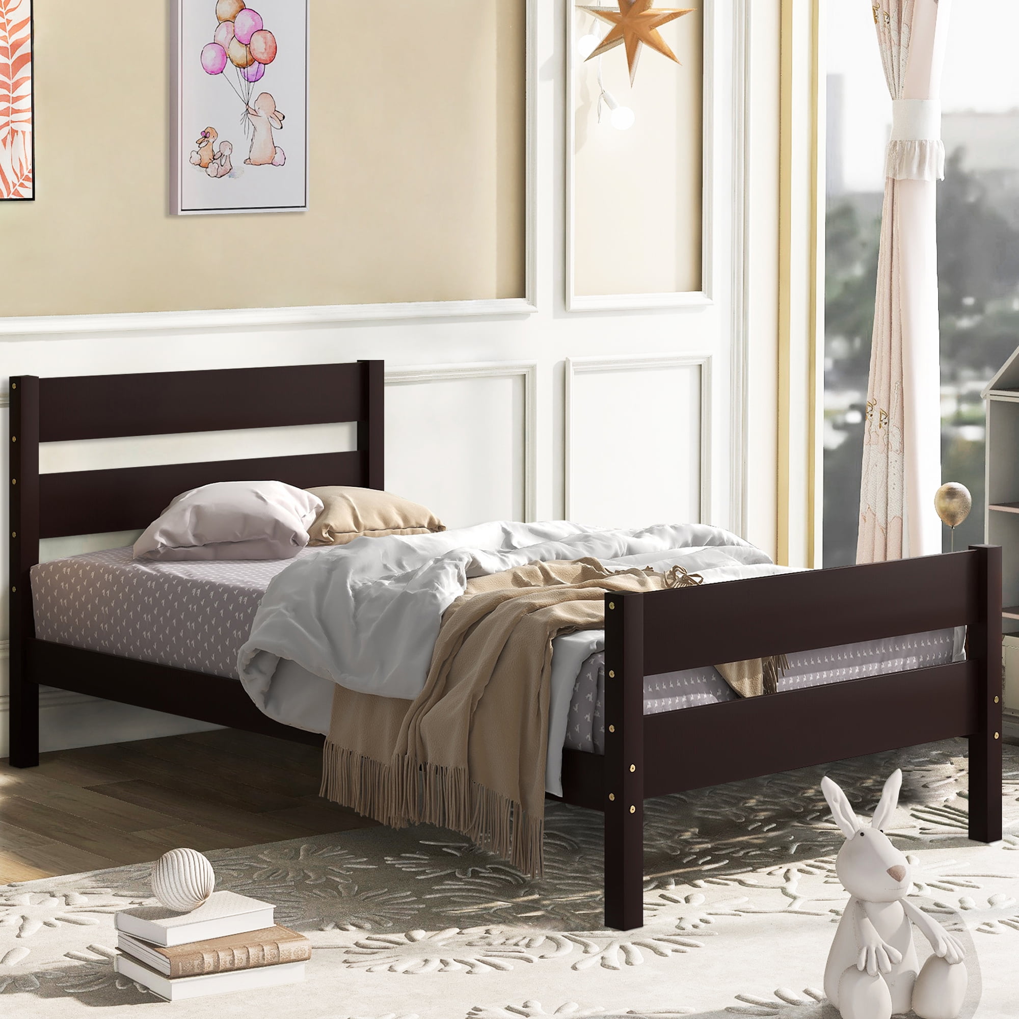 SYNGAR Twin Bed Frames, Wood Twin Bed Frame with Headboard and