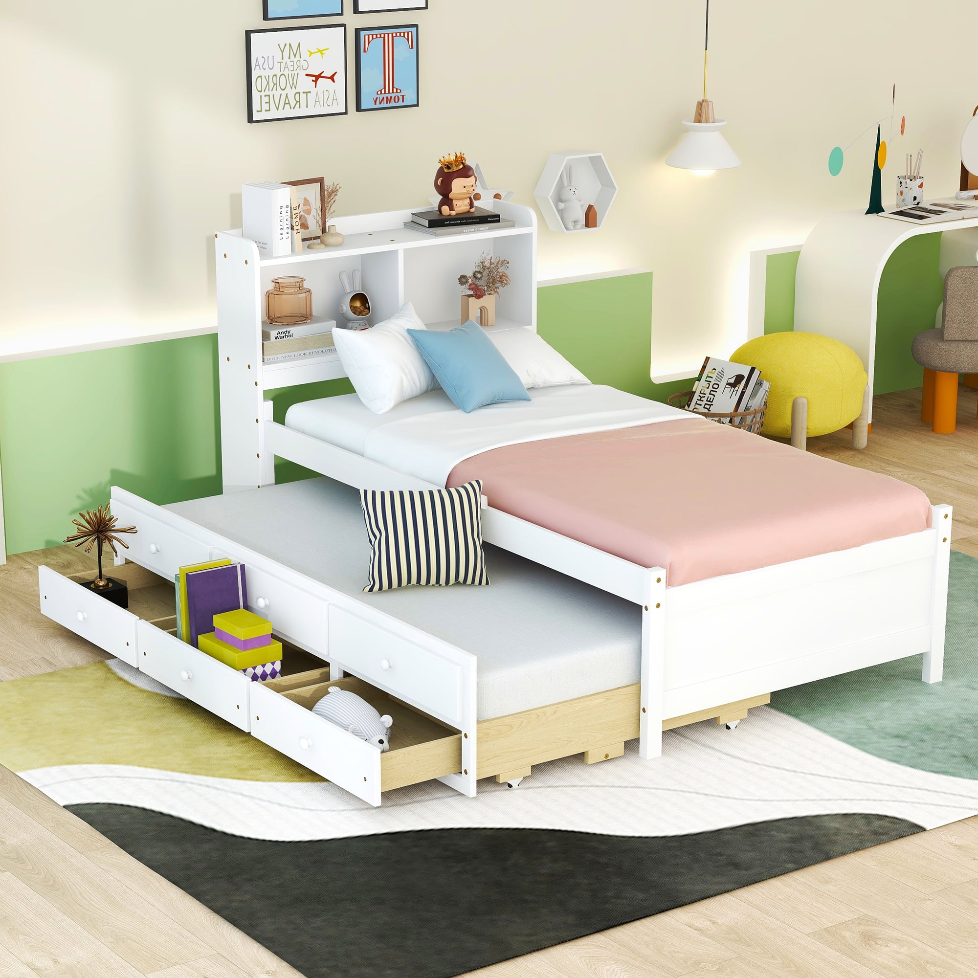 SYNGAR Twin Bed with Trundle and 3 Storage Drawers, Twin Size Platform ...