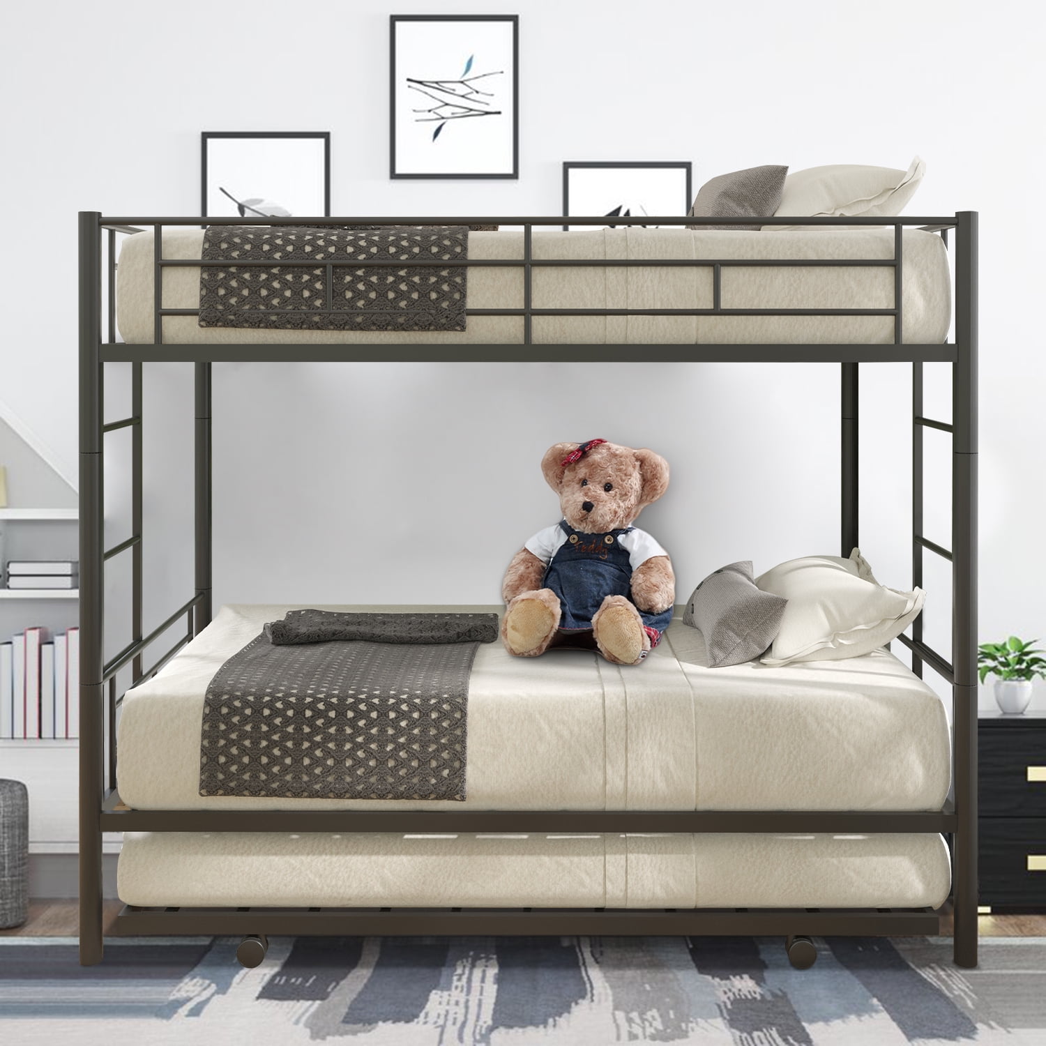 SYNGAR Twin over Twin Bunk Bed with Trundle, Loft Bunk Bed with Pull