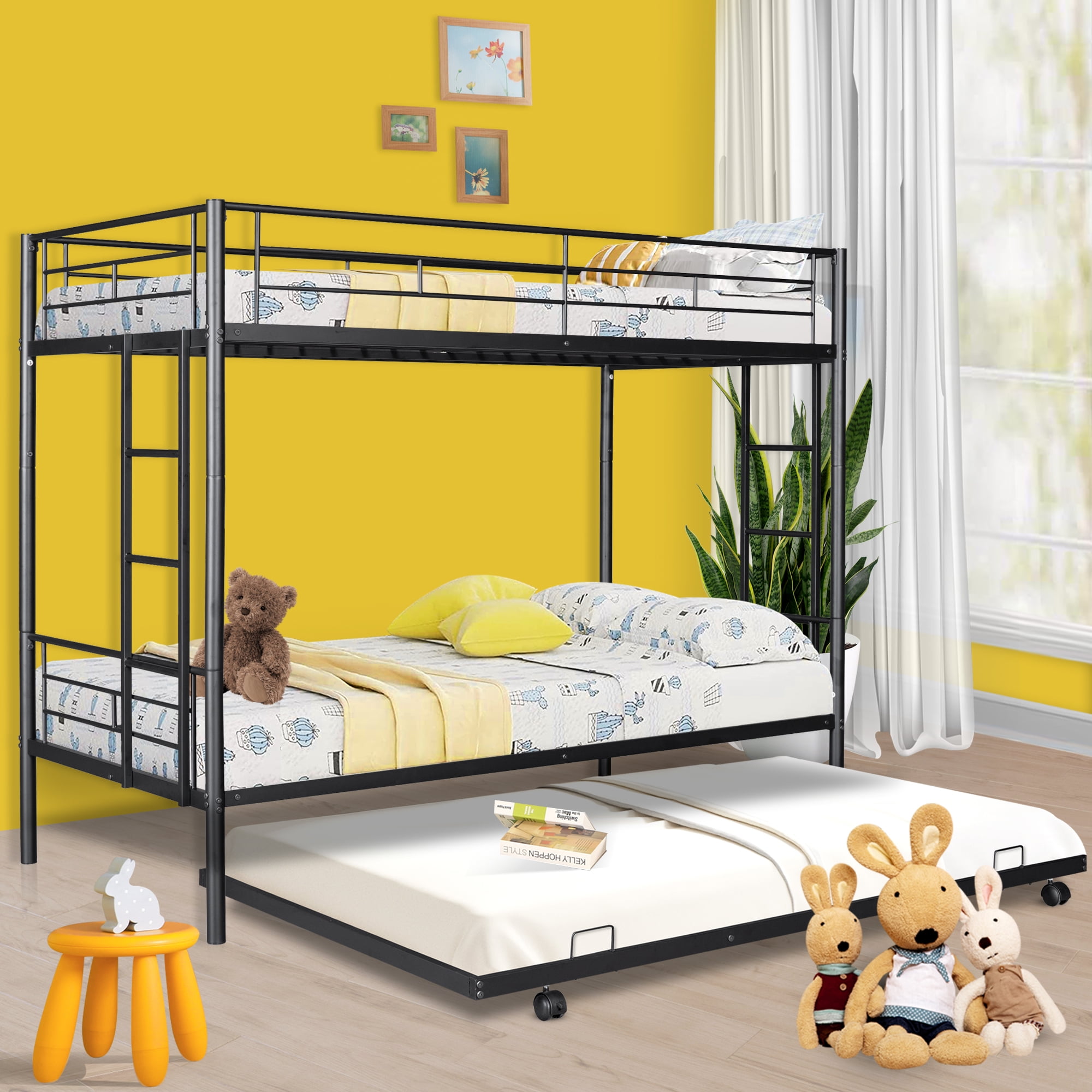 SYNGAR Twin over Twin Bunk Bed with Trundle Loft Bunk Bed with Pull out Trundle and Safe Full length Guardrail Metal Triple Bunk Bed can Convertible
