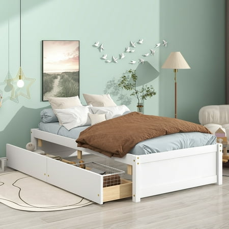 SYNGAR Twin Platform Bed Frame with Storage Drawers, White Twin Size Bed Frame with Solid Slats and Under Bed Drawers, No Box Spring Needed
