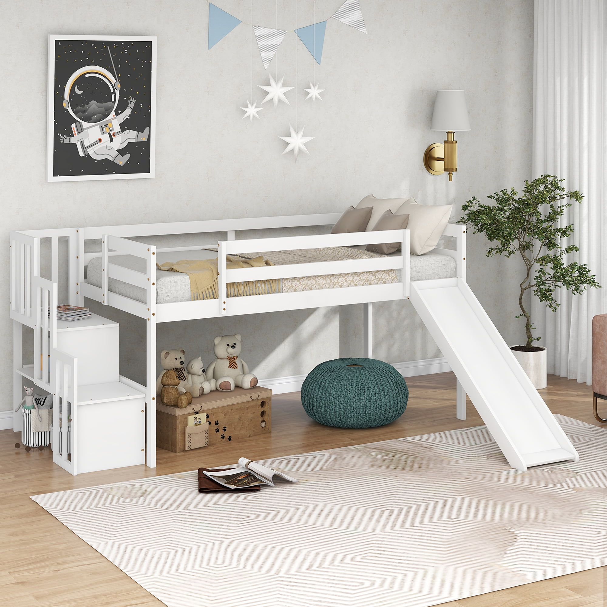 White twin loft bed with cheap stairs