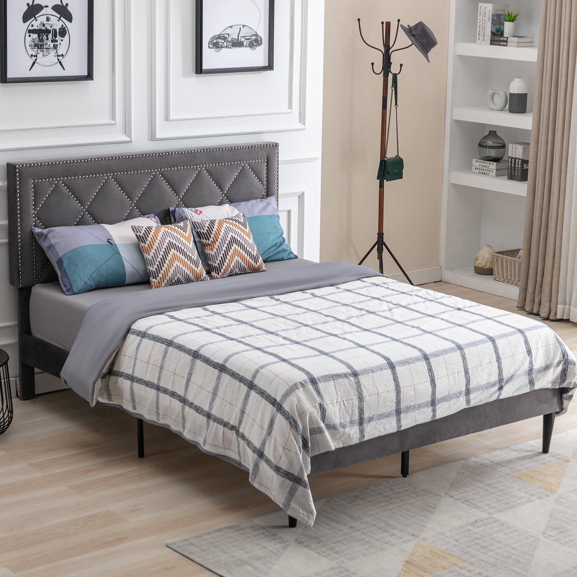 SYNGAR Upholstered Linen Platform Bed Frame, Queen Bed Frame with