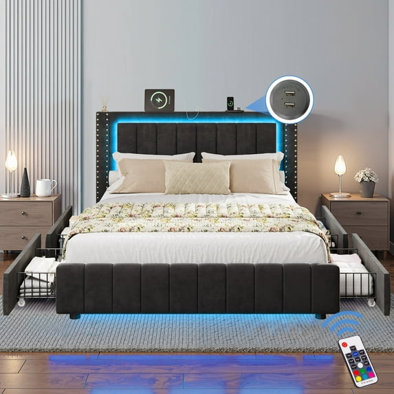 Queen Bed Frame with Headboard and LED Lights, SYNGAR Platform Bed Base with 4 Storage Drawers and USB Port, Modern Platform Bed Frame No Box Spring Needed with Upholstered Headboard,Easy Assembly
