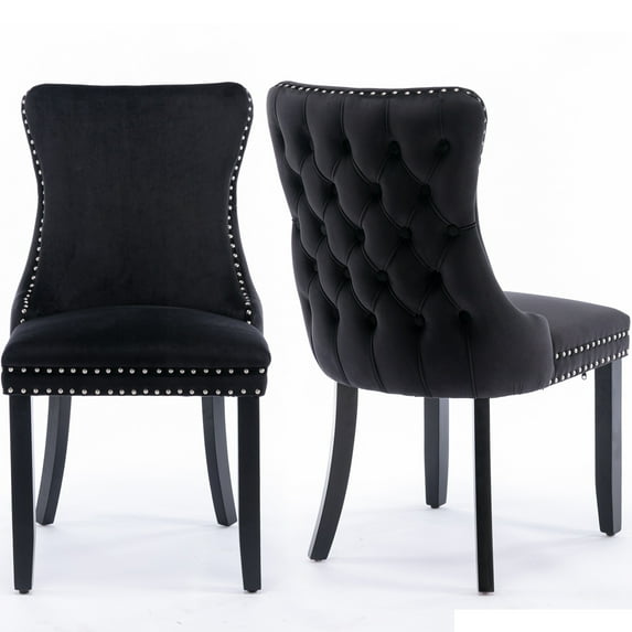 SYNGAR Velvet Dining Chairs Set of 2, Upholstered Wing Back Dining Chair with Handcrafted Button Tufted, Nailhead Trim, Accent Chairs for Dining Room Kitchen, Solid Wood Dining Set, 2 Piece, Black