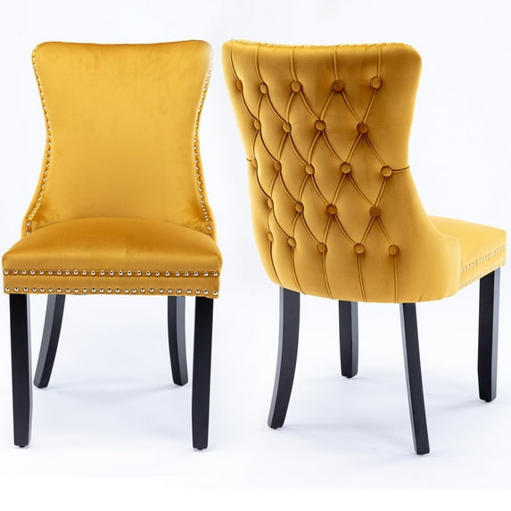 SYNGAR Velvet Dining Chairs Set of 2, Upholstered Wing Back Dining Chair with Handcrafted Button Tufted, Nailhead Trim, Accent Chairs for Dining Room Kitchen, Solid Wood Dining Set, 2 Piece, Gold