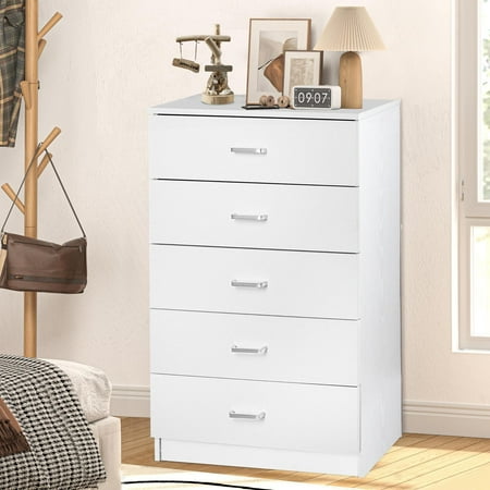 SYNGAR White 5 Drawer Dresser, Chest of Drawers for Bedroom, Modern Storage Cabinet Dresser Organizer Unit with Handle for Living Room, Closet, Hallway, Nursery