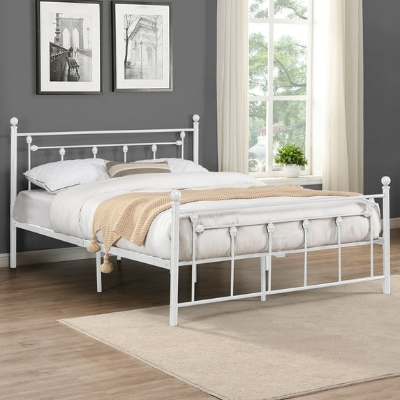 SYNGAR White Metal Platform Bed Frame Full Size With Vintage Headboard and Footboard, Steel Legs, Underbed Storage, Strong Slat Support, No Box Spring Needed, Noise Free
