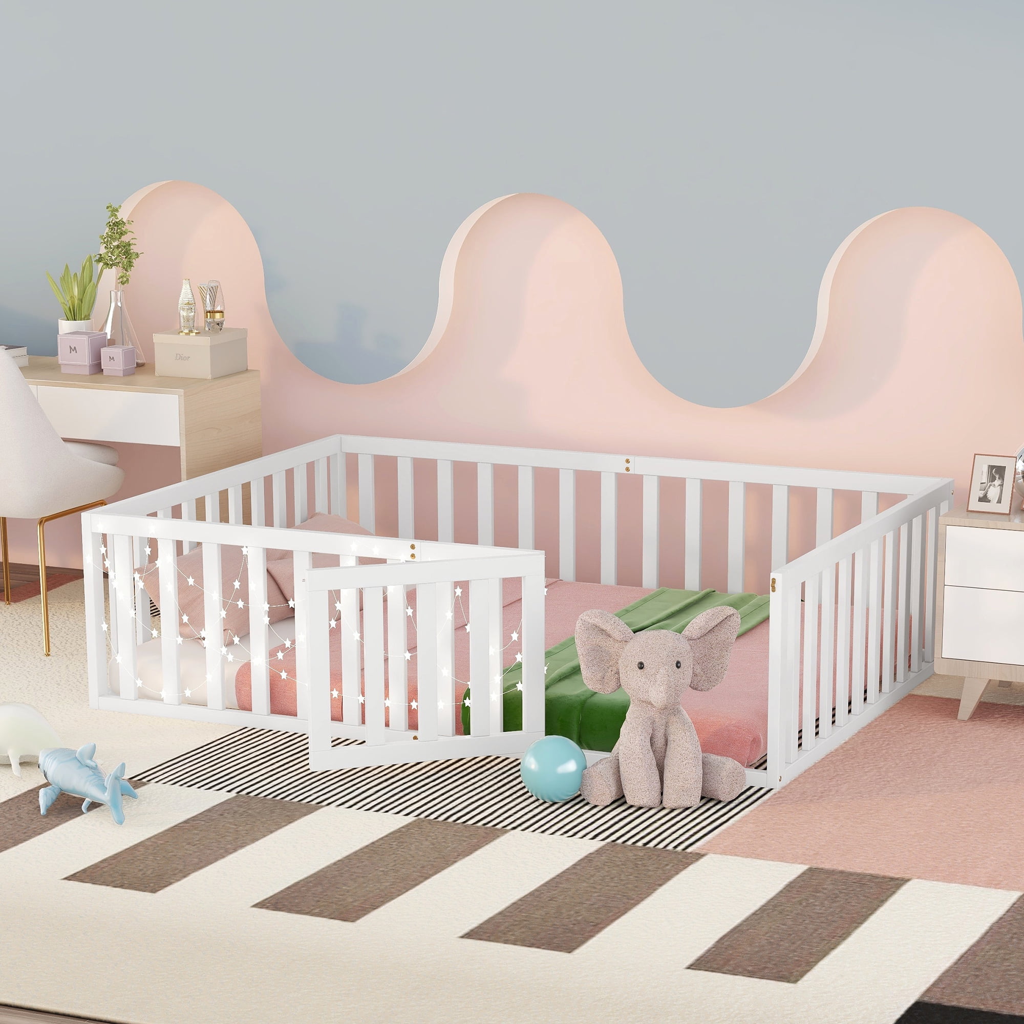 SYNGAR White Wood Floor Bed for Girls Boys Toddlers, Modern Twin Size