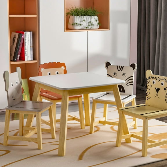 SYNGAR Wood Table and Cartoon Animals Chairs Set, 5 Pieces Home Furniture for Kids Toddlers, Activity Table and 4 Multicolor Chairs Set, for Arts/Crafts/Drawing/Writing/Reading, D5426