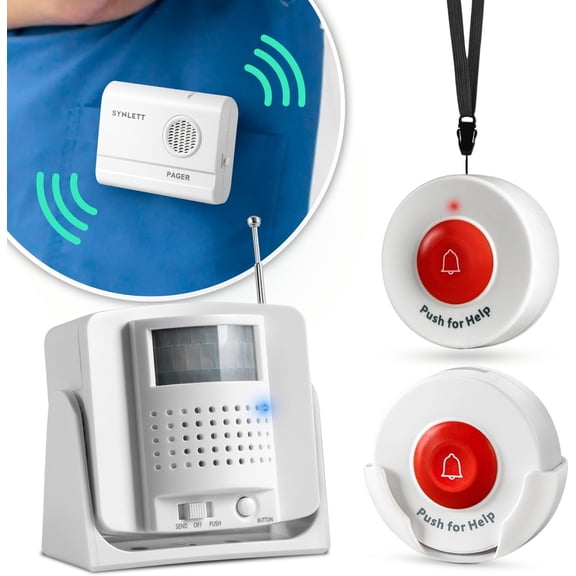 SYNLETT Caregiver Pager Wireless Call Buttons Motion Sensor Alarm Indoor for Elderly Monitoring Fall Prevention Bed Alarm Alert System Portable Nurse Call for Seniors Dementia Patients Emergency