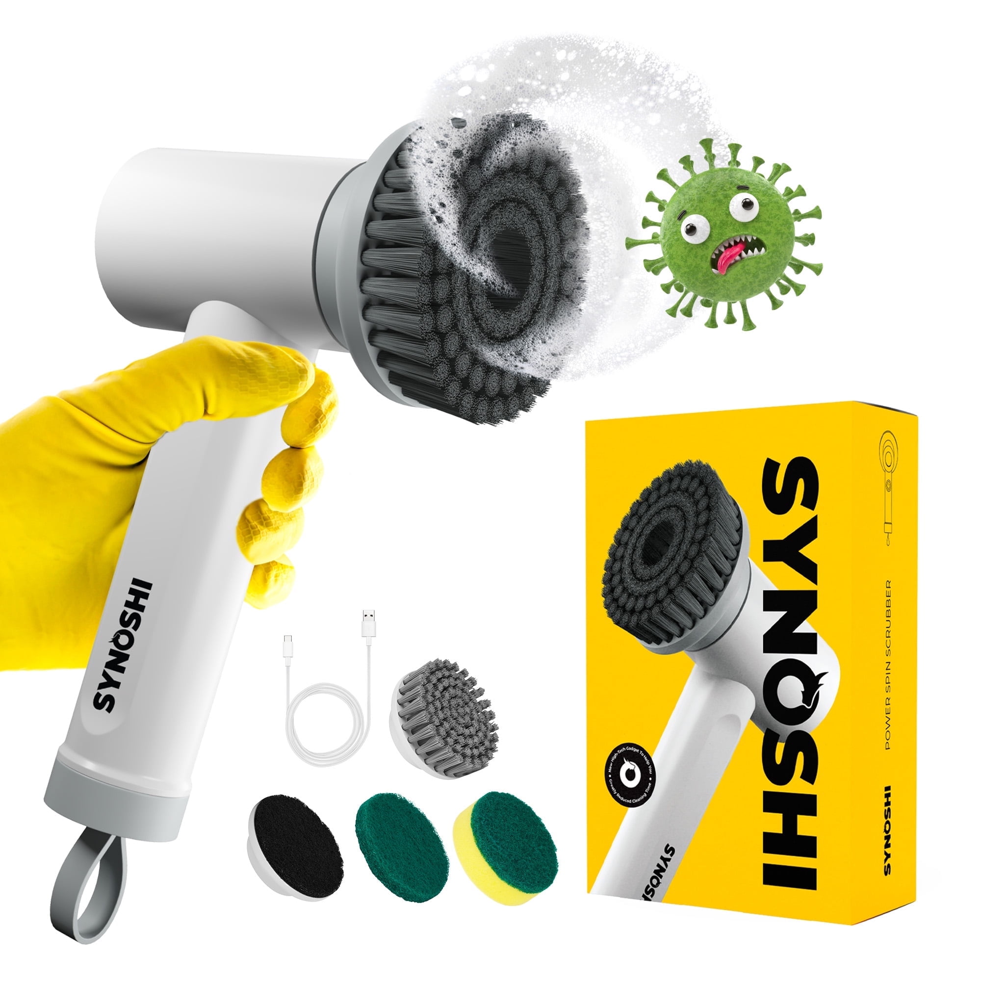 SYNOSHI Electric Scrubber with 3 Replaceable Brush Heads, Cordless Waterproof Spin Power Cleaner