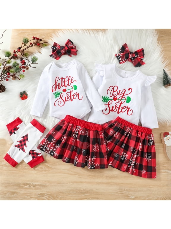 0-12 Months Little Sister/1-4T Big Sister Tops Skirt 4PCS Christmas Outfits